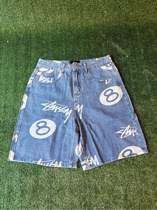 Stussy Other - Stussy Blue Denim Shorts with White Graphic Print